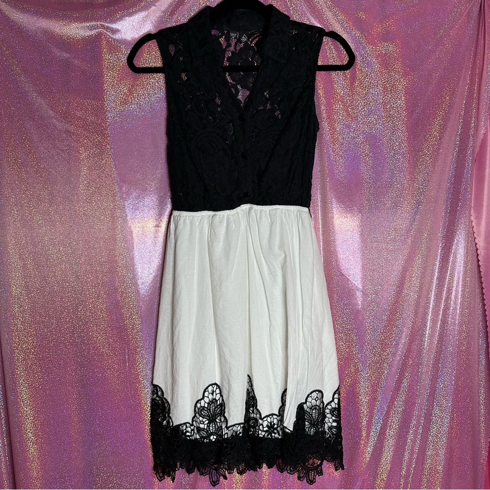 LBK Sheer Lace Detail Black White Sleeveless Button Up Sundress Summer Dress
